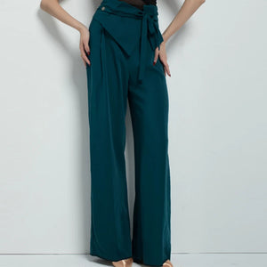 Women's Black Mesh Halter Bodysuit and Teal High-Waisted Wide-Leg Pants Latin Ballroom Dancewear