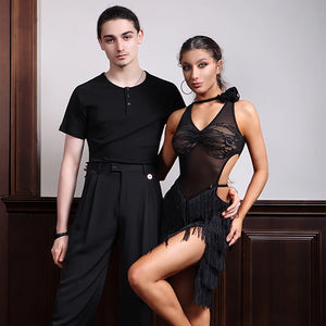 Women's Black Mesh Lace Fringe Latin Dance Dress