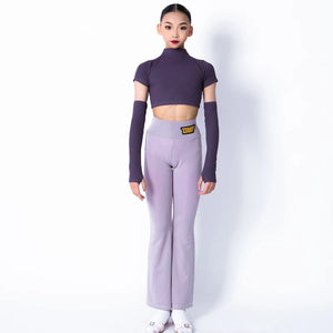Girls' Lavender Ribbed Crop Top & Flared Pants Set with Arm Warmers, Ballroom Dance