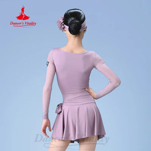 Girls' Lavender Long Sleeve V-Neck Ruched Leotard with Skirt and Headband, Mesh Sleeves, Latin Dance Dress