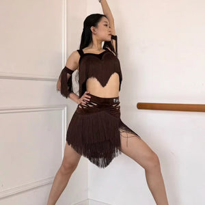 Latin Dance Women's Brown Fringe Two-Piece Set with Armbands
