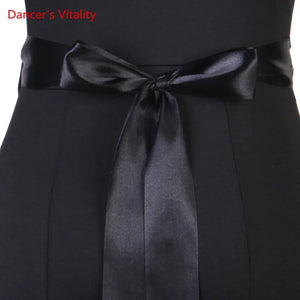 Women's Black Ballroom Dance Dress with Sweetheart Neckline, Ruffled Sleeves, and Satin Waistband