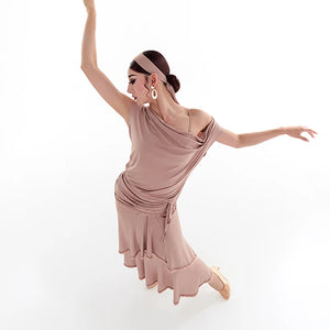 Women's Nude Pink Ruched Draped Tiered Skirt Latin Dance Dress