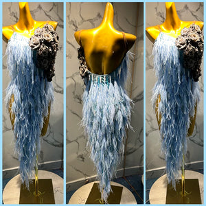 Women's Light Blue Ostrich Feather & Pearl Embellished Latin Ballroom Dance Dress