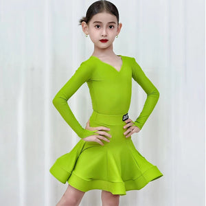 Girls' Pink Long Sleeve V-Neck Ruffled Skirt Latin Dance Dress