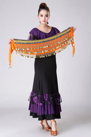 Belly Dance Hip Scarf, Women's Green Sequin & Coin Fringe Velvet & Chiffon Belly Dance Hip Scarf