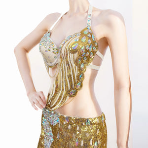 Belly Dance Costume Womens Gold Sequin Halter Top High Slit Skirt Set