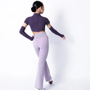 Girls' Lavender Ribbed Crop Top & Flared Pants Set with Arm Warmers, Ballroom Dance
