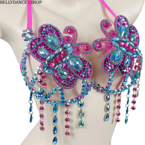Belly Dance Top Womens Pink and Blue Beaded Halter Bra with Rhinestones and Dangles for Performance and Practice