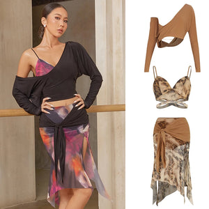 Dance Top and Skirt Set Women's Black and Multi-color Abstract Print Mesh Asymmetrical Hem Latin Dancewear