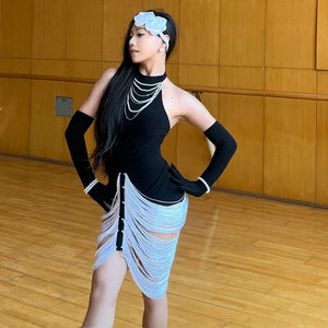 Women's Black Halter Neck Pearl Fringe Latin Dance Dress