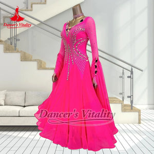 Ballroom Dance Dress Women's Hot Pink Rhinestone Mesh Long Sleeve V-Neck Chiffon Standard Smooth Competition Gown