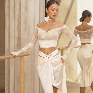 Women's Black Lace Off-Shoulder Crop Top & Satin Cutout Ruched Skirt Latin Dance Dress