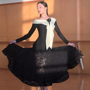 Women's Black and Cream Off-Shoulder Long Sleeve Lace Ballroom Dance Dress