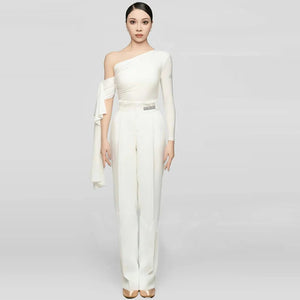 Women's Black & White One-Shoulder Ruched Latin Dance Dress with Flowing Sleeves