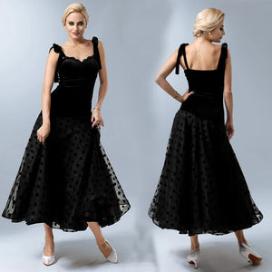 Women's Black Velvet Polka Dot Mesh Ballroom Dance Dress with Tie Straps
