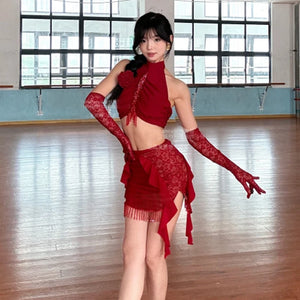Latin Dance Dress Women's Red Halter Crop Top and Asymmetrical Fringe Skirt Set with Lace Gloves