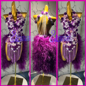 Women's Purple Ostrich Feather Rhinestone Floral Fringe Latin Dance Dress