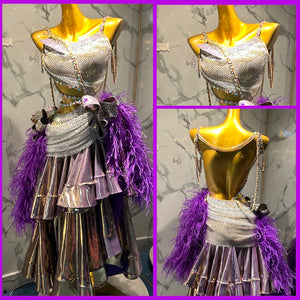 Latin Ballroom Dance Dress Women Purple Silver Sequin Fringe Feather Ruffle Skirt Metallic Halter Backless