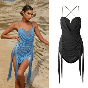 Women's Blue Mesh Tassel Fringe Mini Dress, Latin Dance