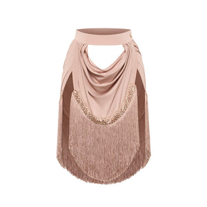 Women's Nude Long Sleeve Mesh Latin Dance Bodysuit with Fringe Skirt