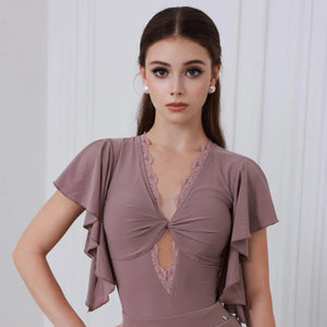 Women's Brown V-Neck Ruffle Sleeve Ruched Ballroom Dance Dress, Women's Black V-Neck Ruffle Sleeve Lace Pleated Hem Ballroom Dance Dress