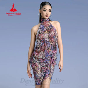 Ballroom Dance Dress Women's Multicolor Halter Neck Fringe Ruffle Latin Salsa Cha-Cha Rumba Performance Costume