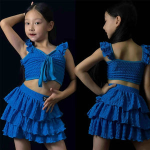 Girls Blue Ruffled Crop Top and Tiered Skirt Dancewear Set, Polyester Spandex