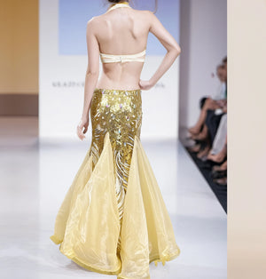 Belly Dance Costume Womens Gold Sequin Halter Top High Slit Skirt Set