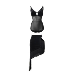 Women's Black Velvet Mesh Fringe Latin Dance Dress