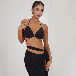 Women's Halter Neck Ruched Two-Piece Set with High Slit Skirt, Red, Black, White, Latin Dance