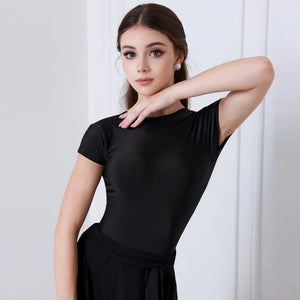 Women's Black Short Sleeve Boat Neck Dance Top and Wide Leg Ruffle Hem Pants Set for Latin Ballroom