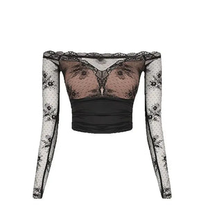 Women's Black Lace Off-Shoulder Crop Top & Satin Cutout Ruched Skirt Latin Dance Dress