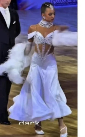 Ballroom Dance Dress Women's White Embellished Corset-Style with Feather Boa Sleeves and Full Skirt, Standard Smooth