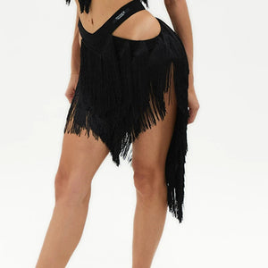 Women's Black Fringe Halter Top and Asymmetrical Skirt Latin Dance Set