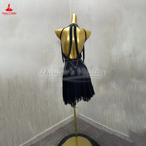 Latin Dance Dress Women's Black Fringe Halterneck Open Back Rhinestone Sequin Performance Costume