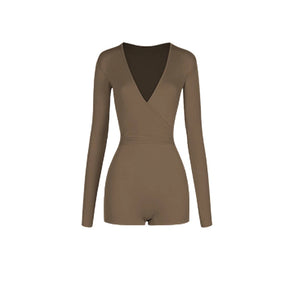 Women's Pink V-Neck Long Sleeve Bodysuit with Ruffled Sequin Wrap Skirt Latin Dance Dress