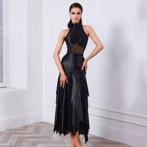 Women's Black Mesh & Satin Halterneck Latin Rhythm Ballroom Dance Dress with Ruffled Skirt