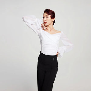 Women's Black & White Chiffon & Spandex Ruffled Wide-Leg Ballroom Dance Pants & Blouse Set