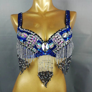 Women's Black Sequin Beaded Fringe Belly Dance Bra Top