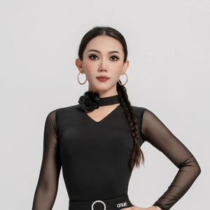 Ballroom Dance Dress Women's Black Mesh Long Sleeve V-Neck Ruffle Skirt with Belt, Latin Dance