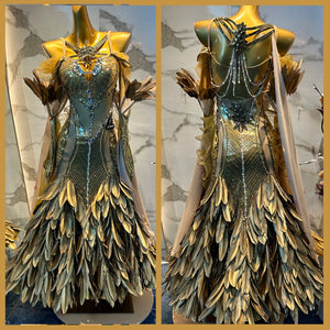 Women's Gold Feathered Beaded Rhinestone Ballroom Dance Dress with Cape