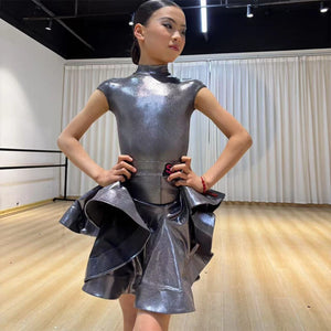 Girls' Silver Shimmer Mock Neck Short Sleeve Ruffled Latin Ballroom Dance Dress