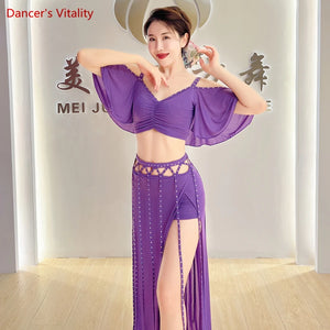Belly Dance Costume Women Purple V-Neck Off-Shoulder Crop Top and Slit Skirt Set with Rhinestone Detail