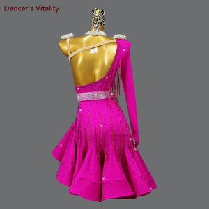 Women's Fuchsia One-Shoulder Rhinestone Fringe Latin Dance Dress