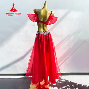 Belly Dance Costume Women Red Chiffon Sequined Pearl Beaded Off-Shoulder Bra & Skirt Set