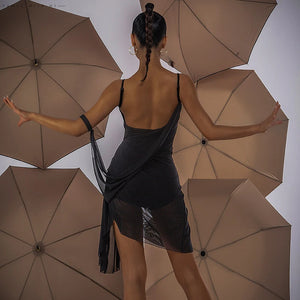 Women's Blue Ruched Draped Mesh Latin Dance Dress