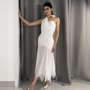 Women's White Halter Neck Ruffled Mesh Hem Latin Dance Dress