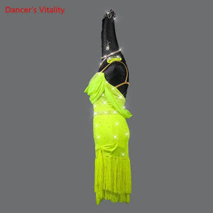 Women's Fluorescent Green Rhinestone Fringe Latin Dance Dress
