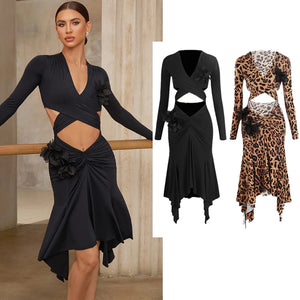 Women's Black & Leopard Print Long Sleeve Cutout Floral Applique Asymmetrical Hem Latin Dance Dress